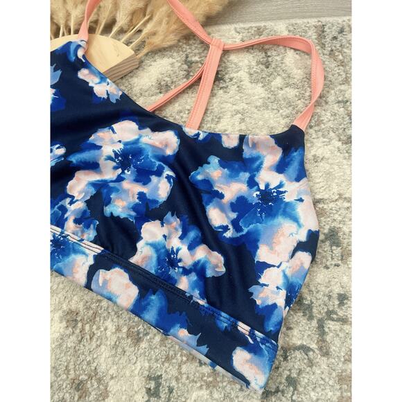 B1G2 FREE 🍁 Blue Floral Strappy Racerback Sports Bra Small Activewear Workout - Picture 2 of 4